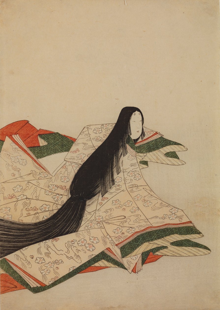 Dama de la corte con un kimono rosa con un estampado de flores de cerezo sobre las olas, lámina del álbum: «Treinta y seis poetisas» / Nishiki-zuri onna sanju rokkasen e-zukushi de Chobunsai Eishi