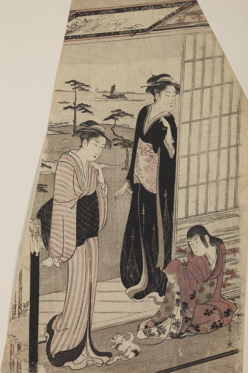 Dos mujeres y una niña con un gatito en el umbral de una casa de Chobunsai Eishi