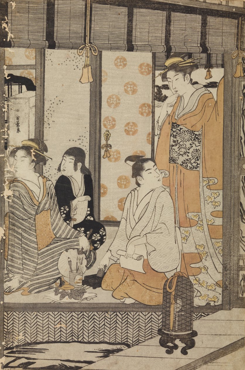 Dos mujeres, un joven y una niña en el interior de una casa de Chobunsai Eishi