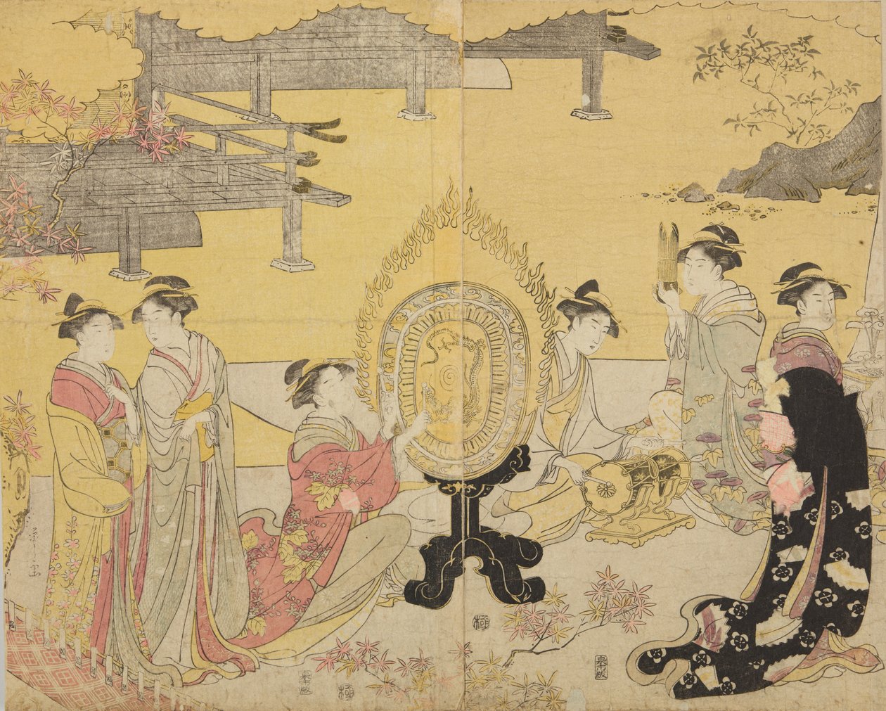 Grupo de mujeres con instrumentos musicales, de la serie Furyu yatsushi Genji de Chobunsai Eishi
