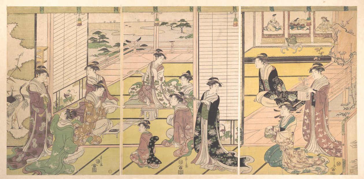Homenaje a los tres dioses de la poesía: mujeres componiendo poemas de Chobunsai Eishi