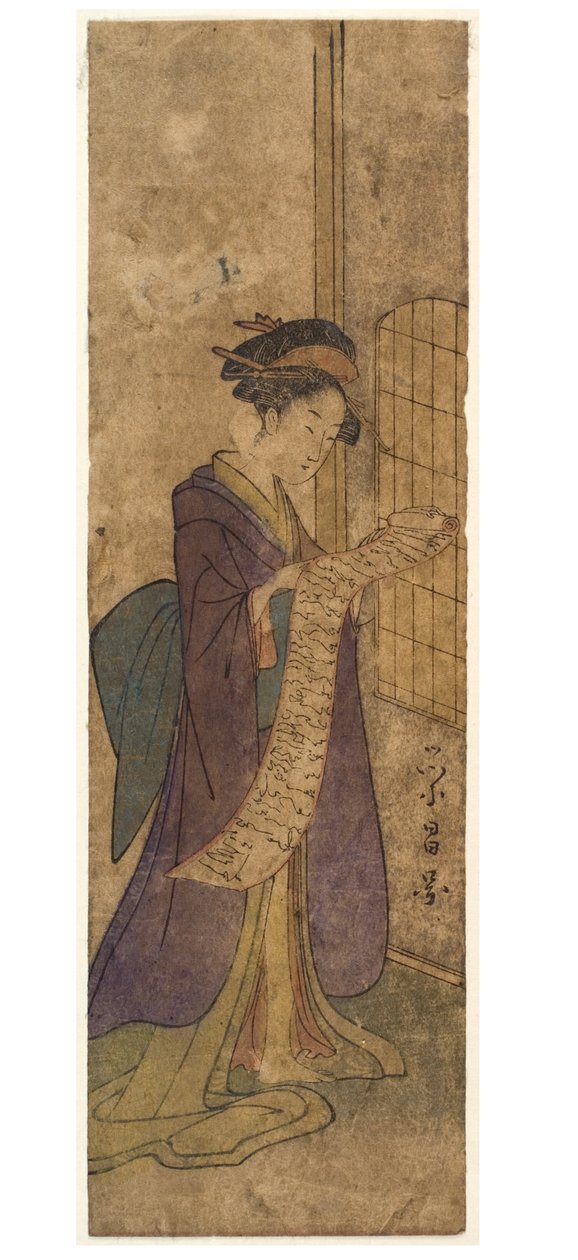 Dama leyendo una larga carta en pergamino de Chobunsai Eishi
