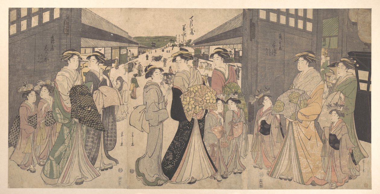 Oiran y sus acompañantes en el Ō Mon o Gran Puerta de Yoshiwara de Chobunsai Eishi