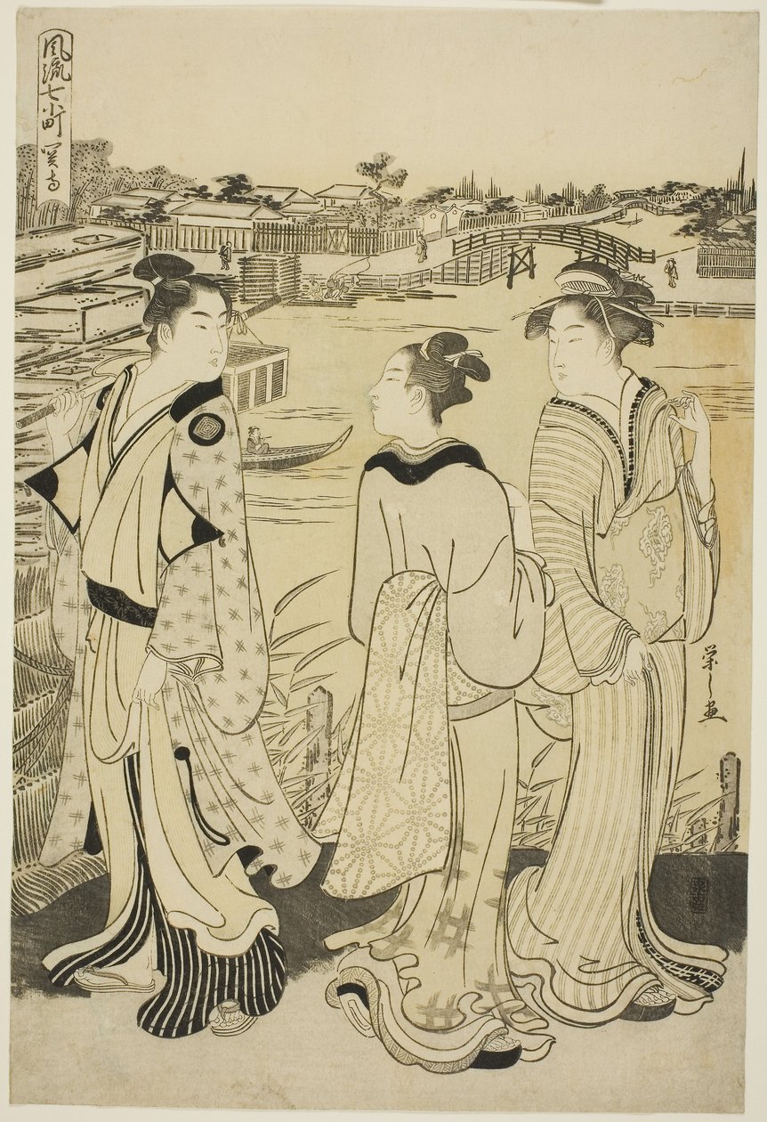 Ono no Komachi en el templo Seki, de la serie Las siete Komachi a la moda (Furyu nana Komachi), c.1788 (xilografía en color; oban) de Chobunsai Eishi