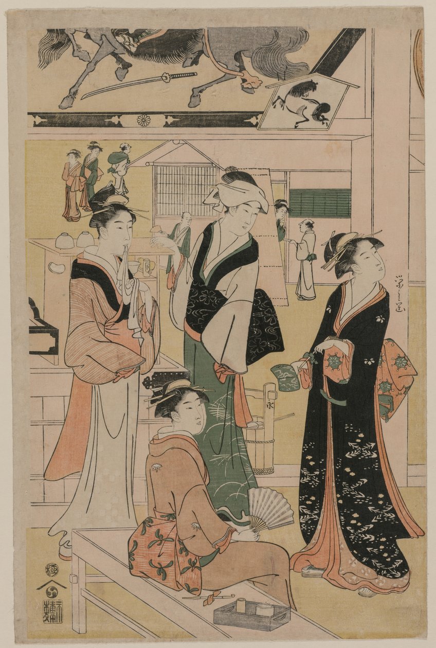 Mujeres visitando un puesto de té en los alrededores de un templo de Chobunsai Eishi