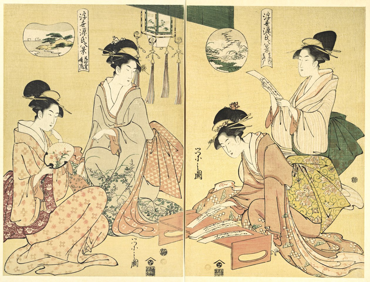 Invocador de espíritus; gansos salvajes que regresan a casa (Maboroshi; Rakugan) (derecha) y un fino velo de nubes; tiempo que despeja (Usugumo; Seiran) (izquierda), de la serie Ocho vistas de El relato de Genji en el mundo flotante (Ukiyo Genji hakkei) de Chobunsai Eishi