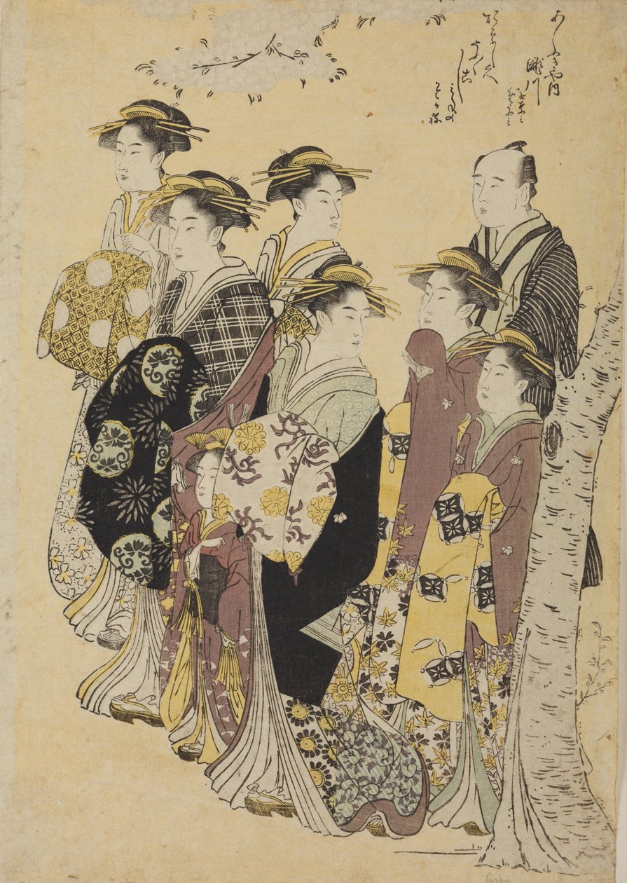 Seis oiran de paseo con una niña y un hombre de Chobunsai Eishi