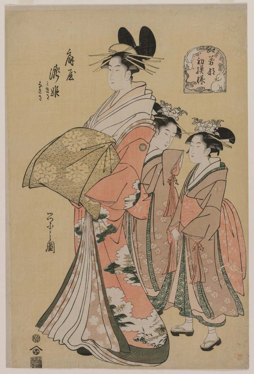 La Cortesana Takihime y Asistentes de la serie Nuevos Patrones de Verdes Jóvenes, 1795 de Chobunsai Eishi