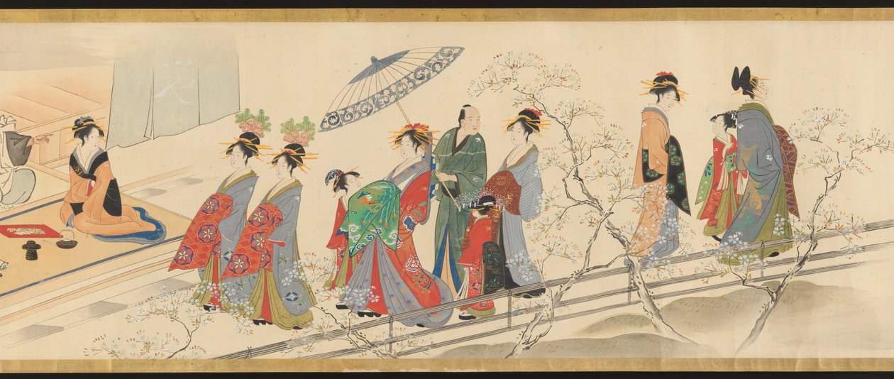 Tres dioses de la buena fortuna visitan Yoshiwara; o «Escenas de placer en el apogeo de la primavera» de Chobunsai Eishi