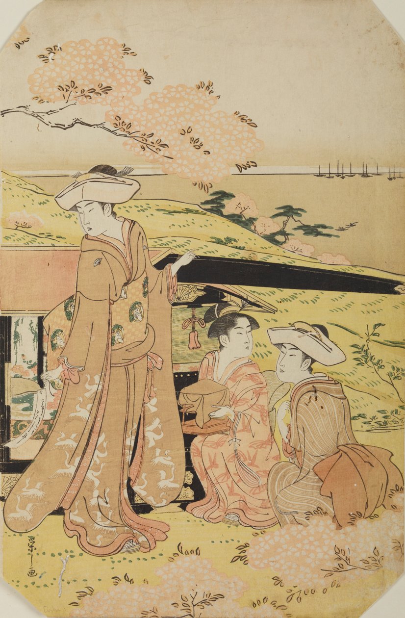 Tres damas junto a una litera de Chobunsai Eishi