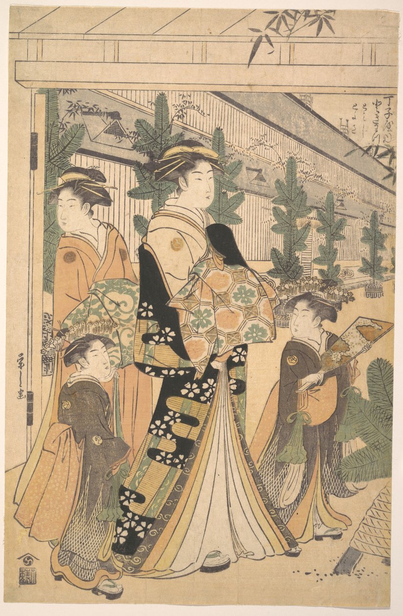 Dos oiran con dos acompañantes femeninas en Yoshiwara de Chobunsai Eishi