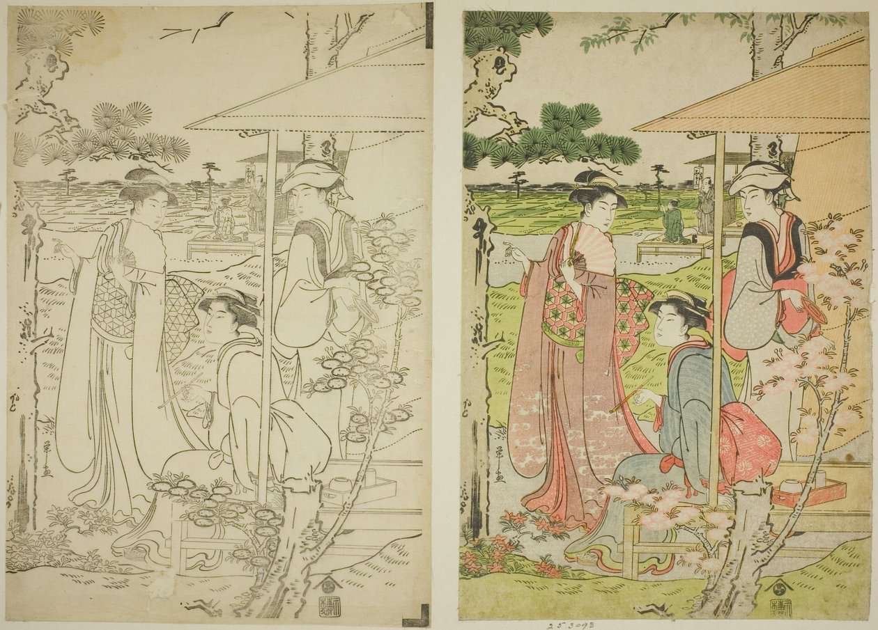 Viendo los cerezos en flor desde una casa de té en la colina Asuka de Chobunsai Eishi
