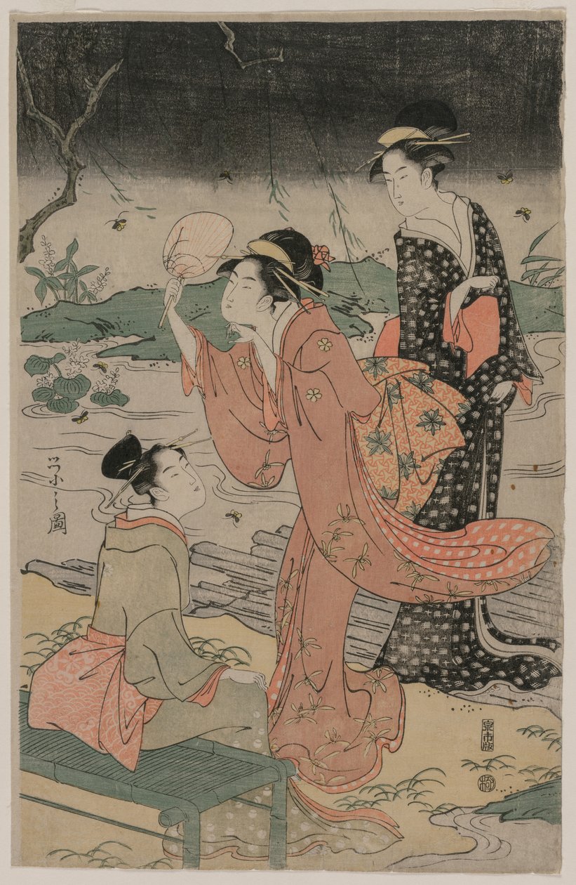 Mujeres junto a un arroyo persiguiendo luciérnagas de Chobunsai Eishi