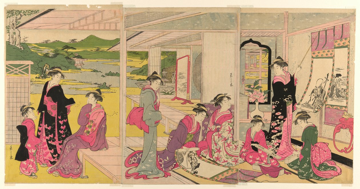 Mujeres viendo pinturas en pergamino de los dioses de la buena fortuna de Chobunsai Eishi