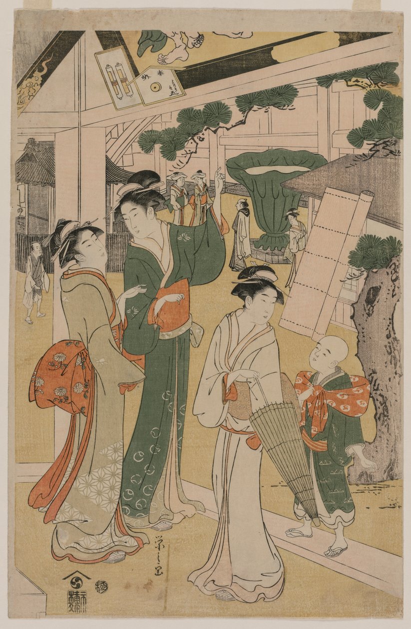 Mujeres visitando un puesto de té en los recintos de un templo de Chobunsai Eishi