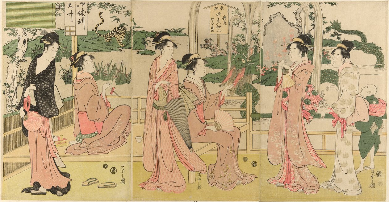 Mujeres viendo dragón y tigre hechos de bolsas de tabaco de Chobunsai Eishi