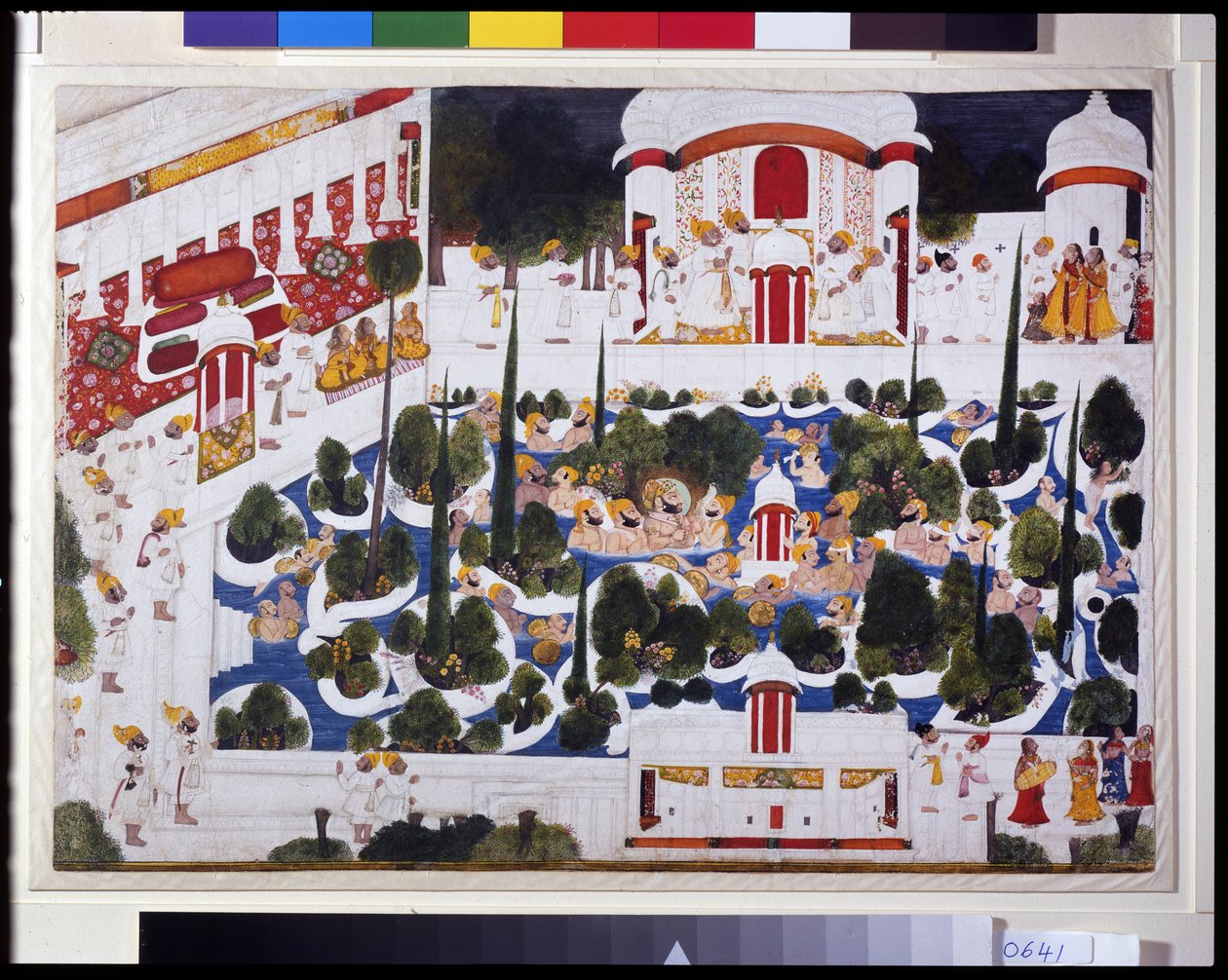 Maharana Bhim Singh se divierte con nobles en la piscina del palacio de Chokha Chokha