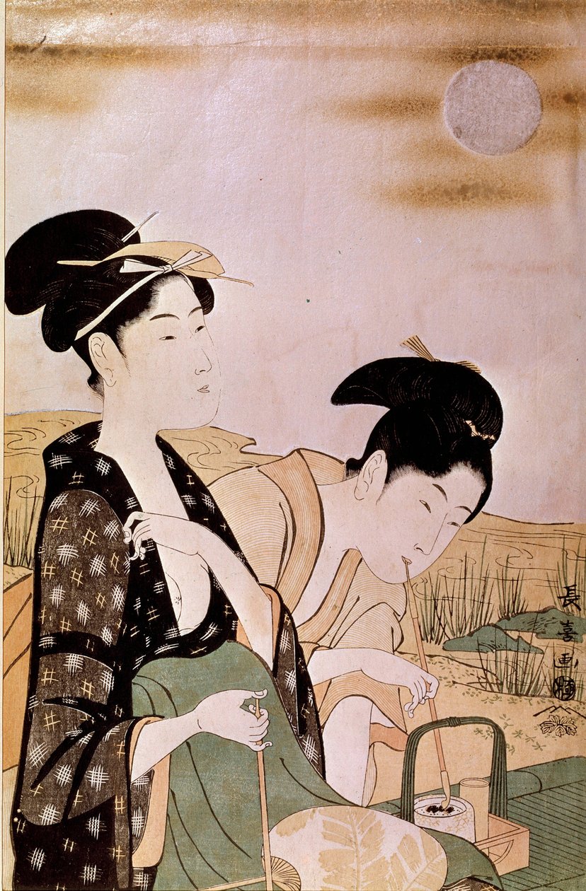 Admirando la luna: dos mujeres fumando. Impresiones de Choki Eishosai (activo finales del siglo XVIII-principios del siglo XIX) de Choki Eishusai