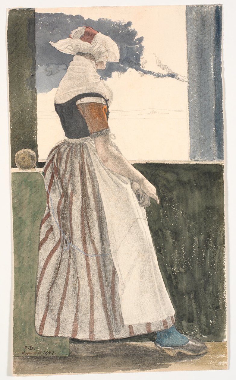 Joven Tejiendo en Sallingdragt, Mirando por una Ventana de Christen Dalsgaard