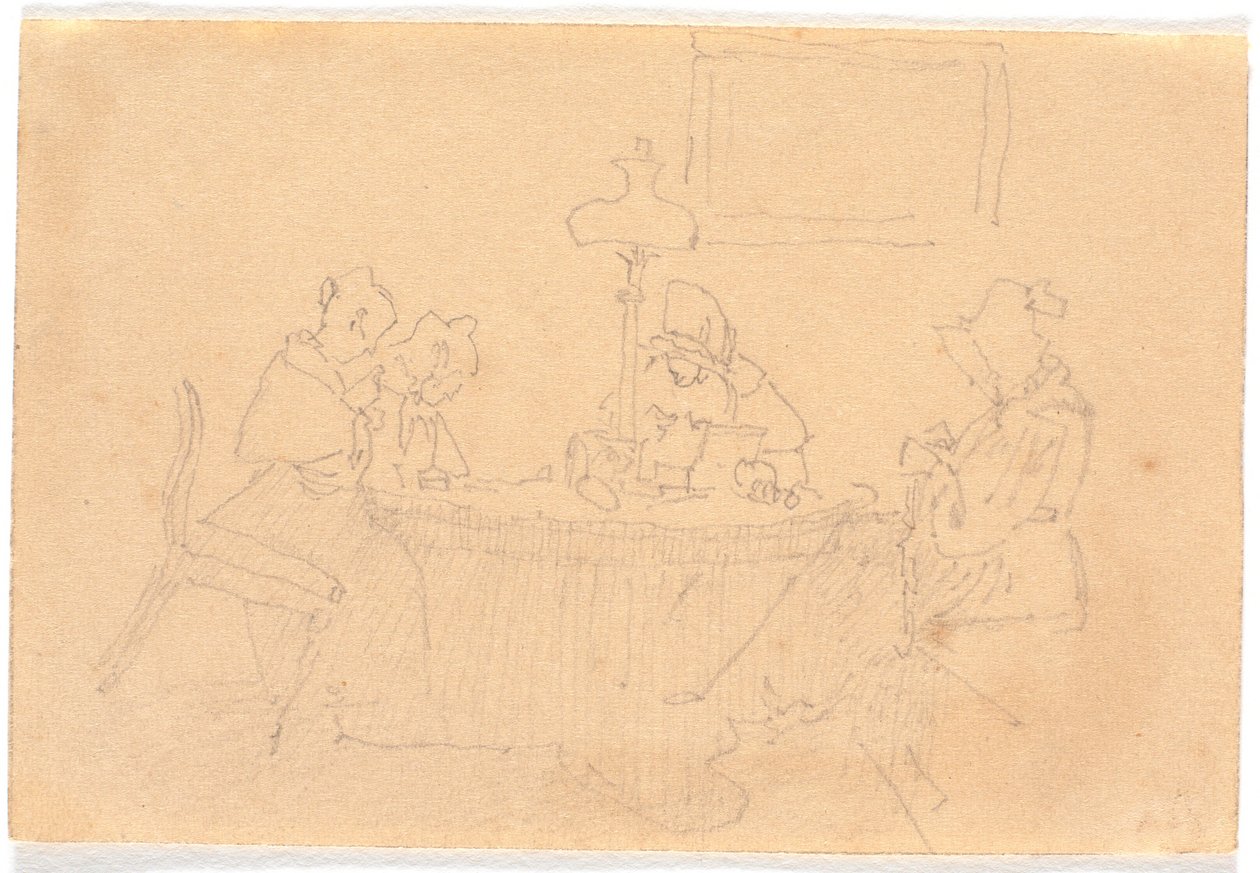 Interior de tarde. Cuatro damas alrededor de una mesa, cosiendo a la luz de una lámpara de Christen Købke