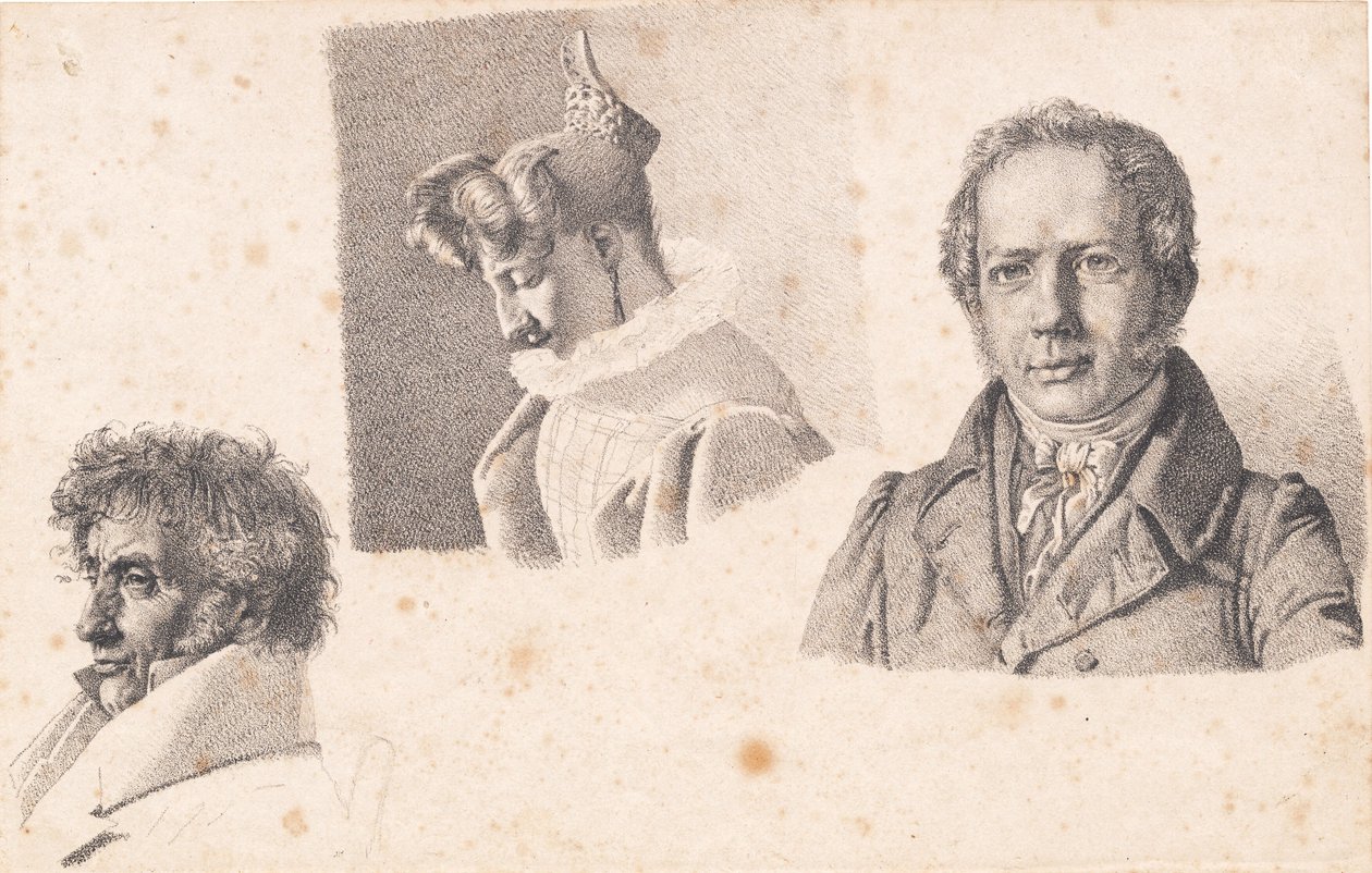Hoja con tres retratos: Maestro panadero Købke, Sophie Krohn y N. Feilberg de Christen Købke