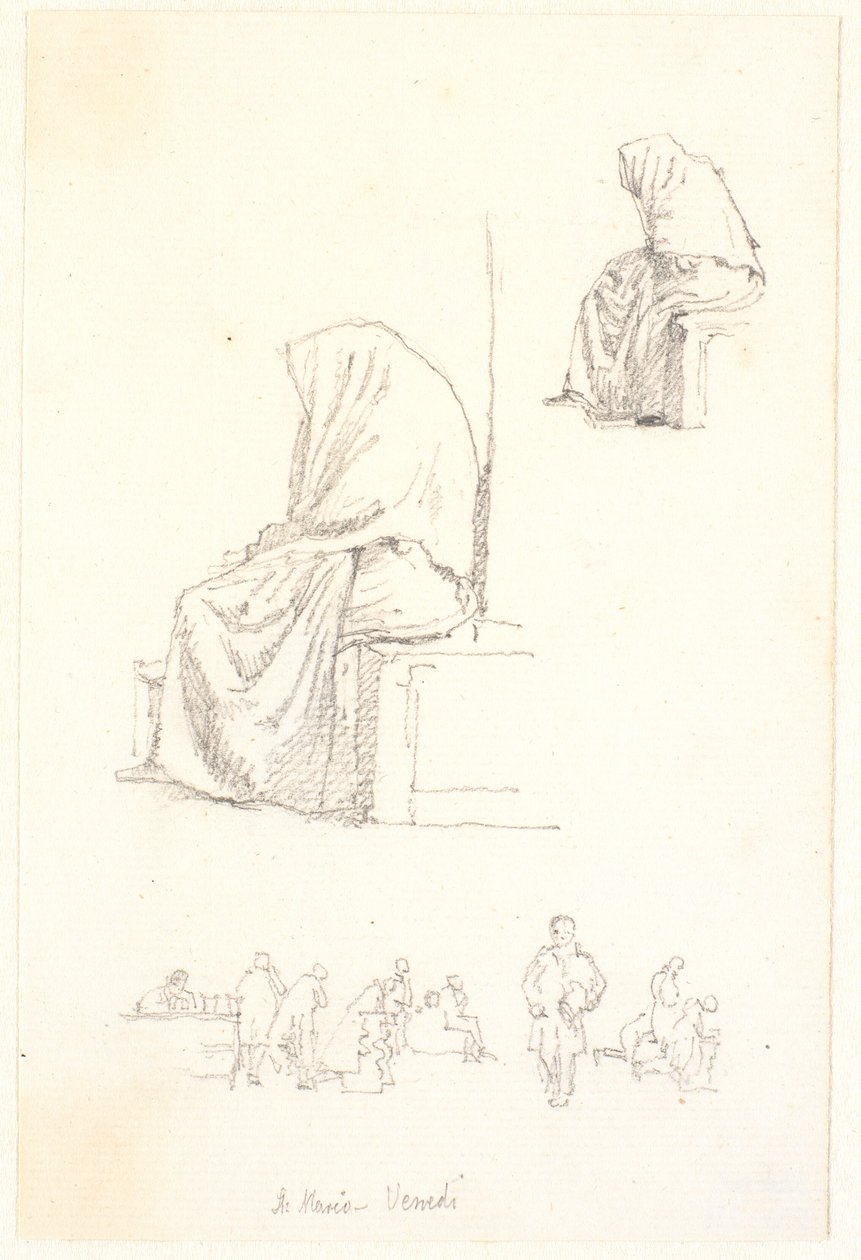 Hoja de Bocetos con Estudios de una Anciana Sentada y Figuras Orantes de Christen Købke