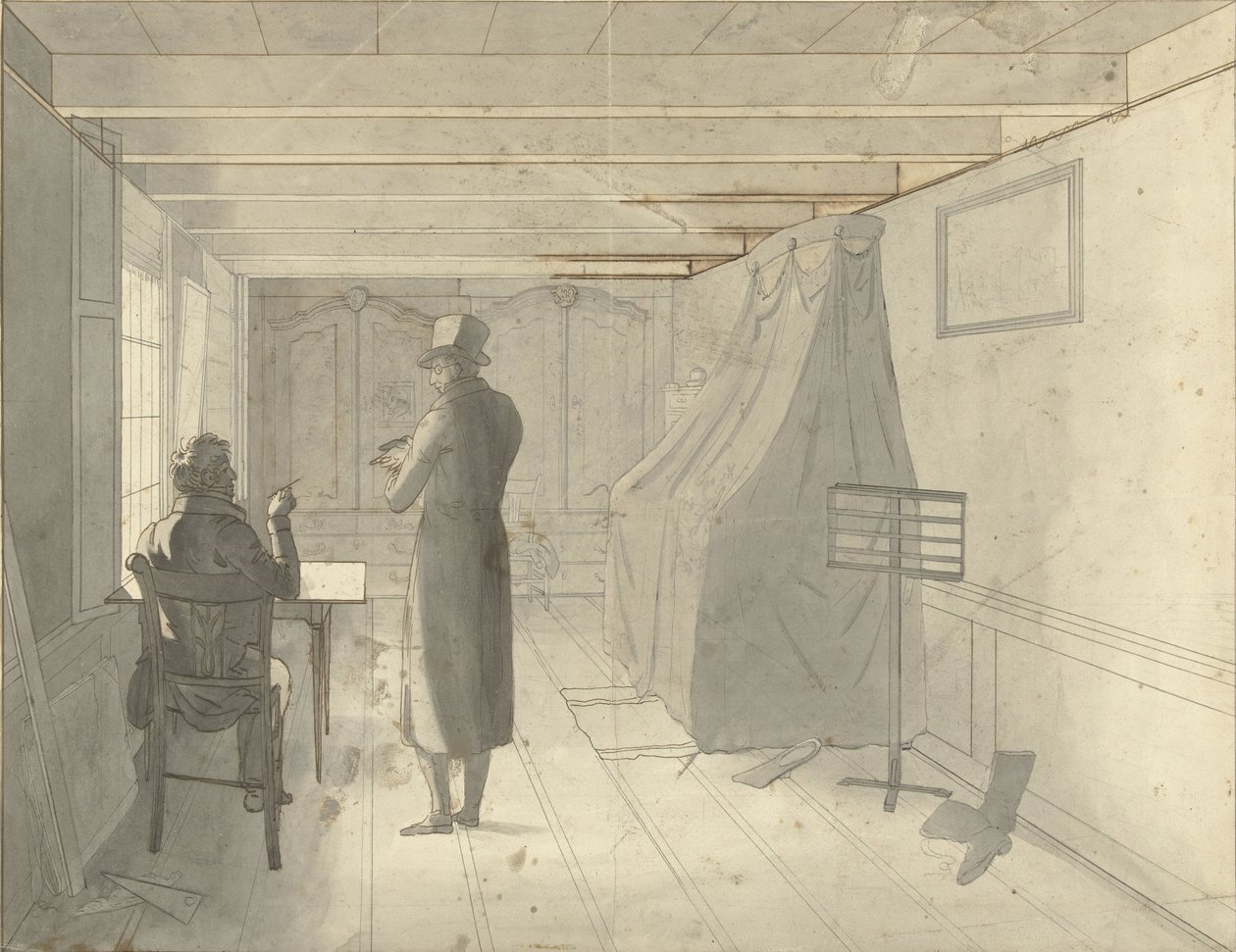 Interior con dos hombres, entre ellos un dibujante de Christiaan Andriessen