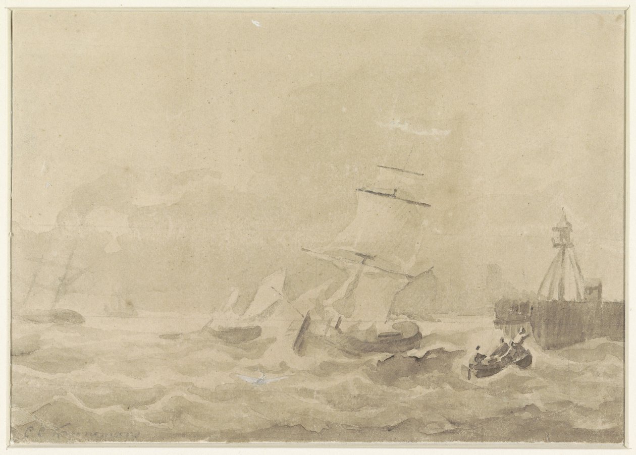 Mar agitado con barcos de vela de Christiaan Cornelis Kannemans