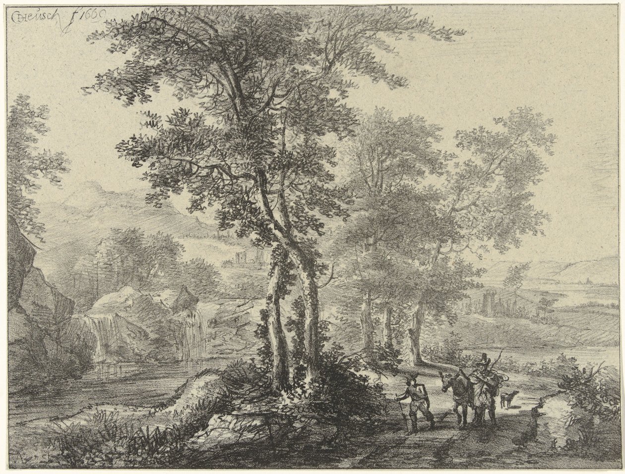 Paisaje boscoso con viajeros. de Christiaan Josi