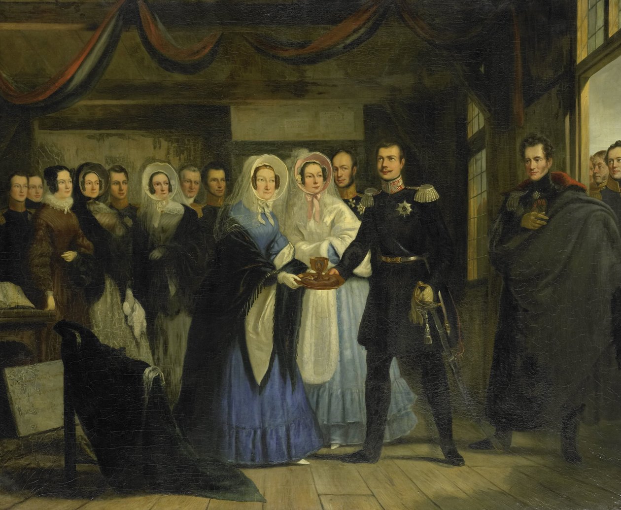 La Princesa de Orange recibiendo a Alejandro II (1818-1881), Gran Duque y Heredero del Trono de Rusia, en la Casa del Zar Pedro en Zaandam, 17 de abril de 1839 de Christiaan Julius Lodewijk Portman
