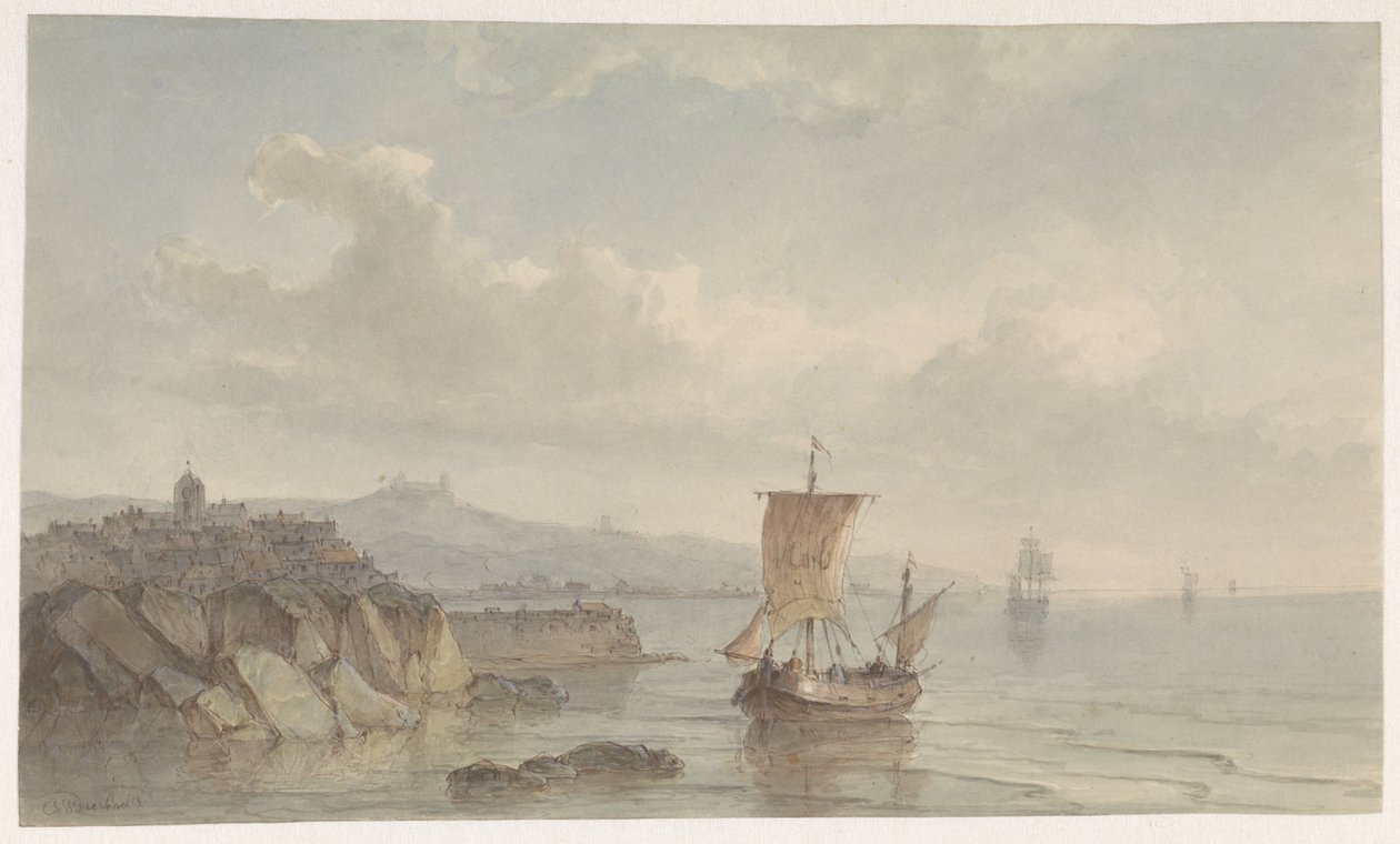 Paisaje costero con puerto y barcos en el agua de Christiaan Lodewijk Willem Dreibholtz