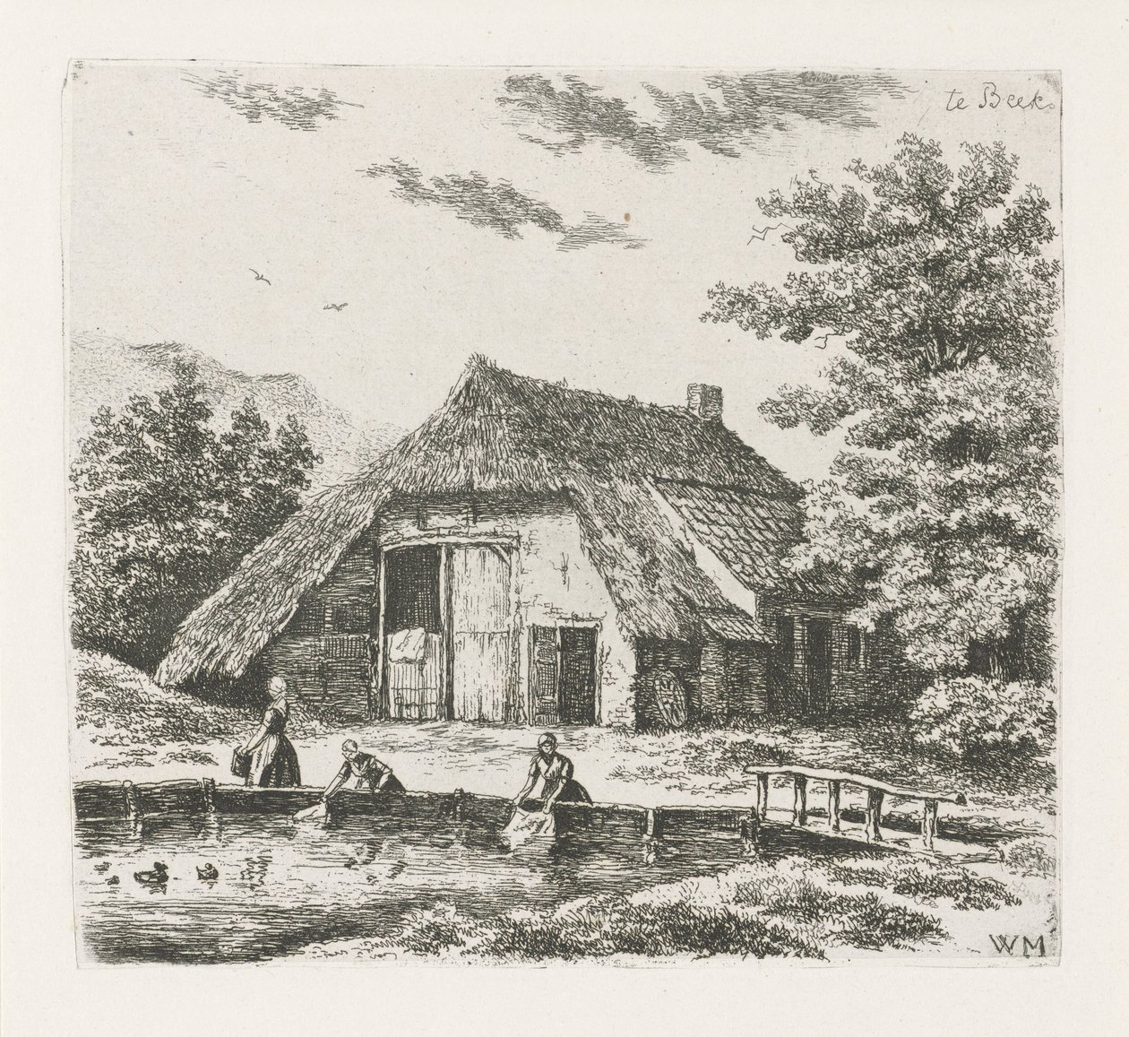 Tres mujeres lavan la ropa en Beek de Christiaan Wilhelmus Moorrees