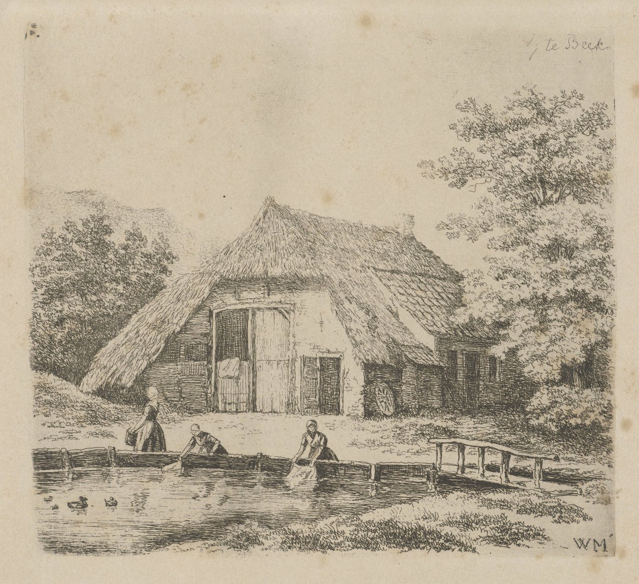 Tres mujeres lavan la ropa en Beek de Christiaan Wilhelmus Moorrees