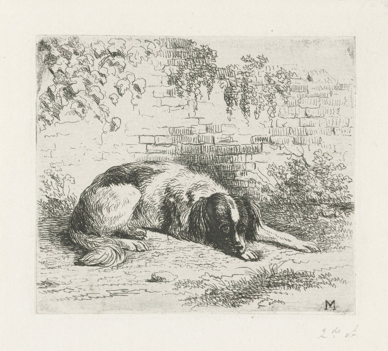 Perro acostado frente a una pared de Christiaan Wilhelmus Moorrees