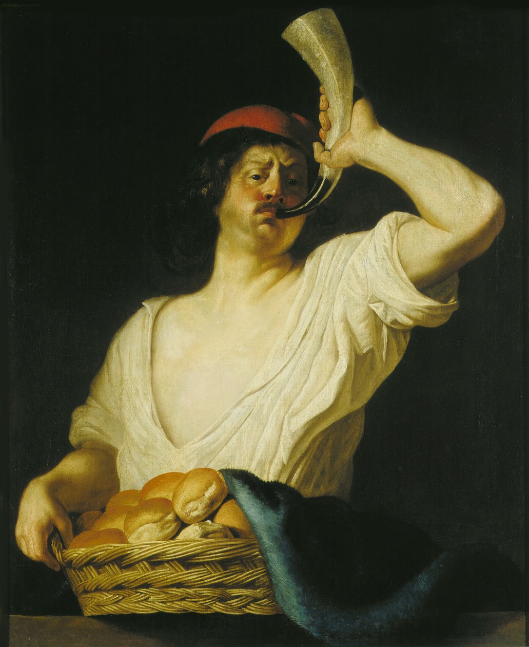 Un panadero tocando su cuerno, 1650 de Christiaen van Couwenbergh