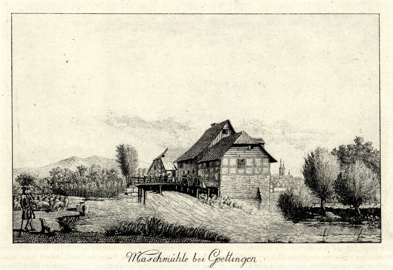 Antiguo molino Maschmühle en el Leine al norte de Gotinga, en el fondo a la izquierda el Hainberg, a la derecha la ciudad de Christian Andreas Besemann