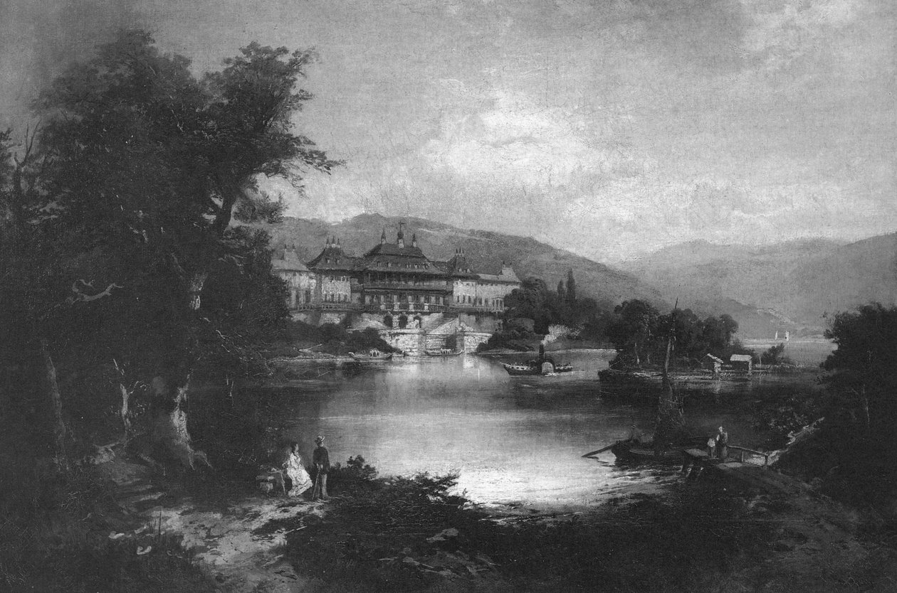 Vista del Castillo de Pillnitz con barco de vapor de Christian Friedrich Gille