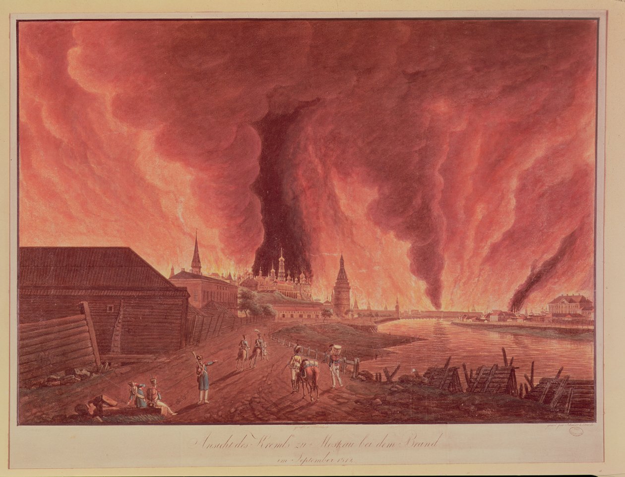 Vista del Kremlin, durante el incendio de Moscú de septiembre de 1812, grabado por Schmidt de Christian Johann Oldendorp