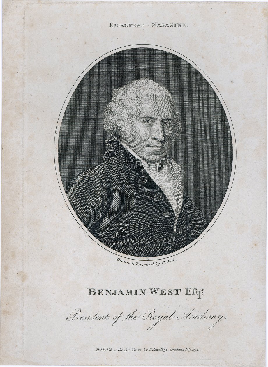 Retrato de Benjamin West (1738-1820), presidente de la Real Academia, grabado por el artista, 1794 de Christian Josi