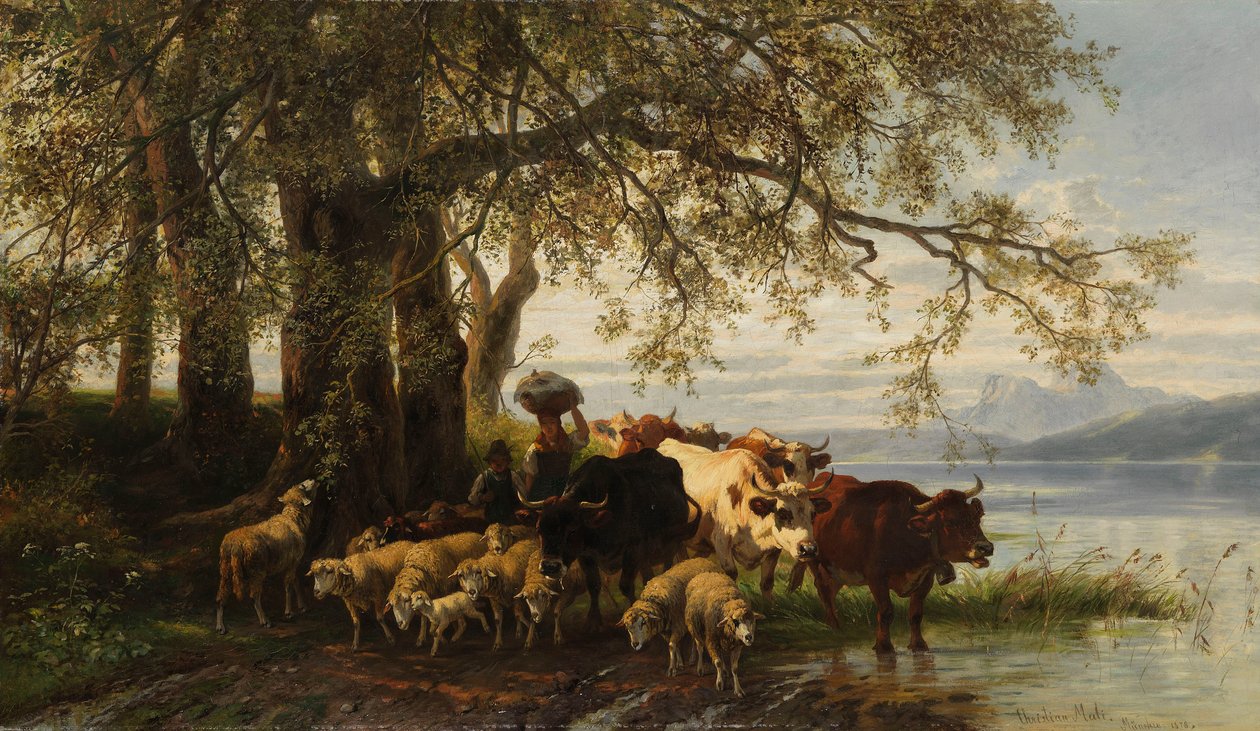 Campesina y pastor con rebaño de vacas y ovejas en la orilla del lago de Christian Mali