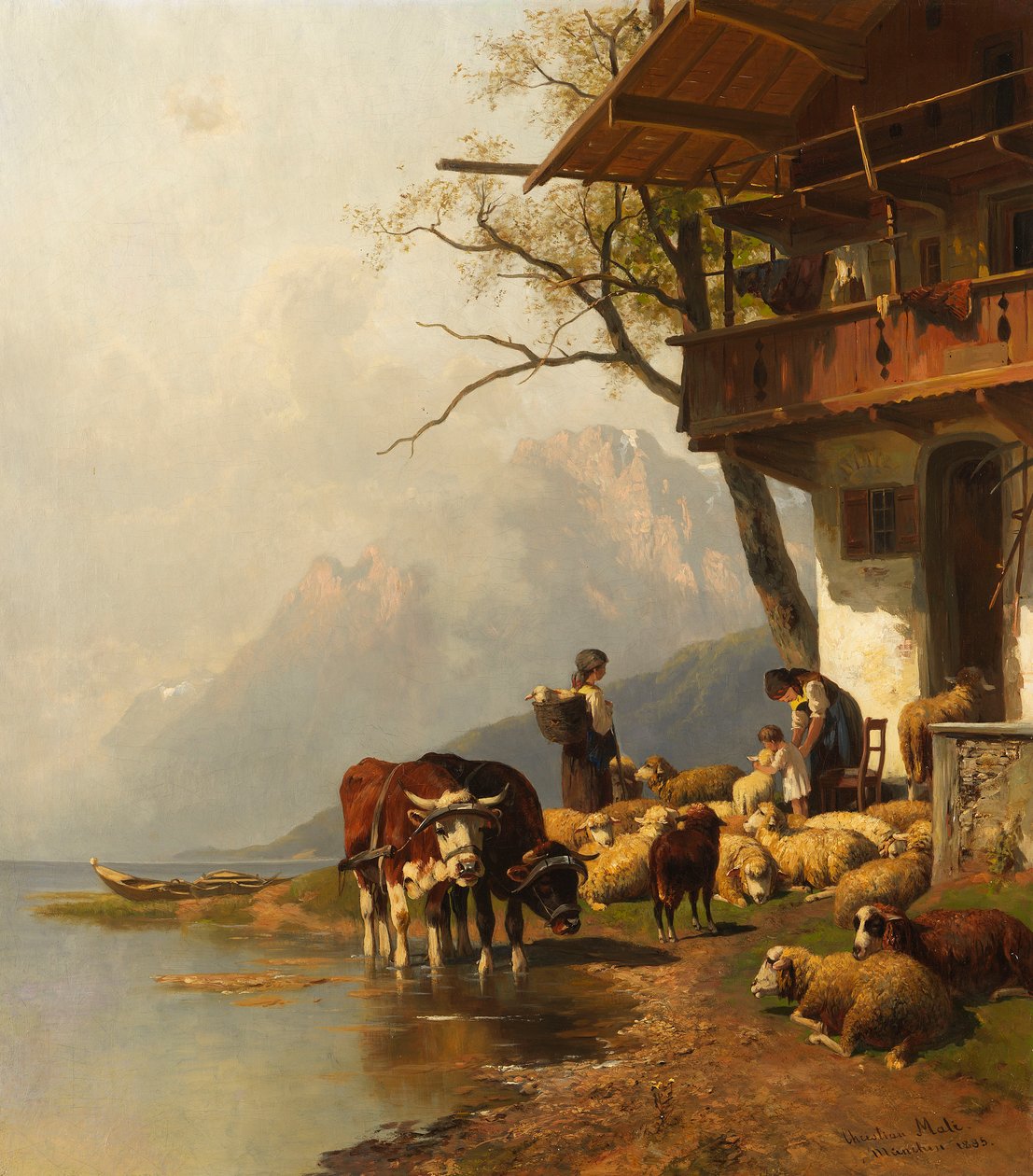 Rebaño de ovejas descansando frente a la casa en el lago de montaña de Christian Mali