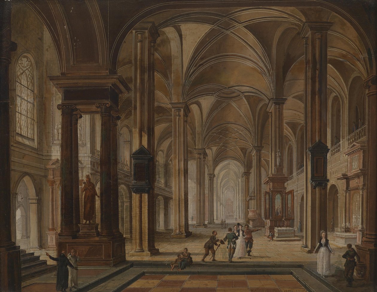Interior de iglesia con personas elegantes de Christian Stocklin