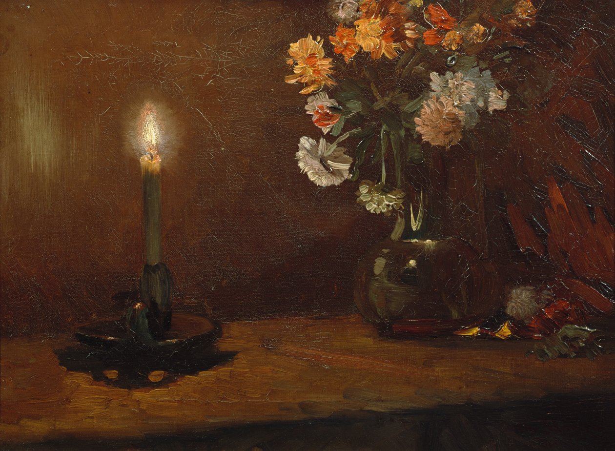 Arreglo con vela y flores en florero de Christian Eriksen Skredsvig