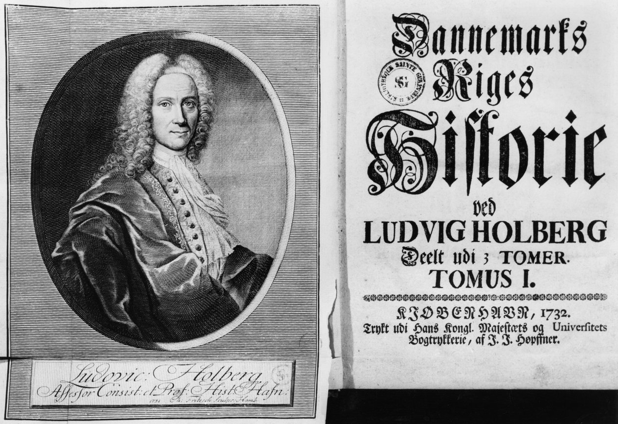 Barón Ludvig Holberg (1684-1754) y la portada del Volumen I de su Historia de Dinamarca, publicada en Copenhague, 1732 de Christian Friedrich Fritzsch