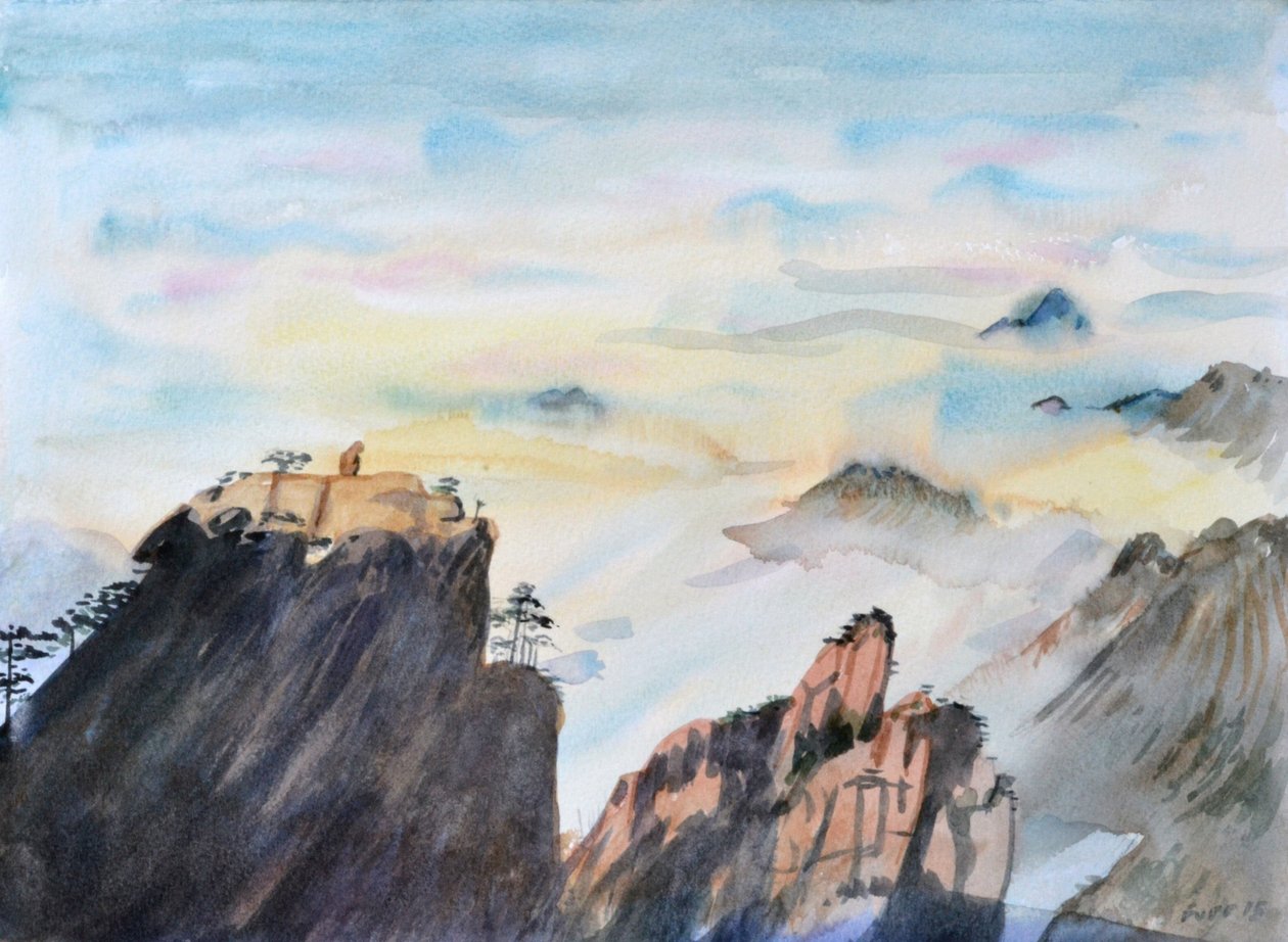 Stone Monkey Gazing Over a Sea of Clouds, 2015 (acuarela sobre papel) de Christian Furr