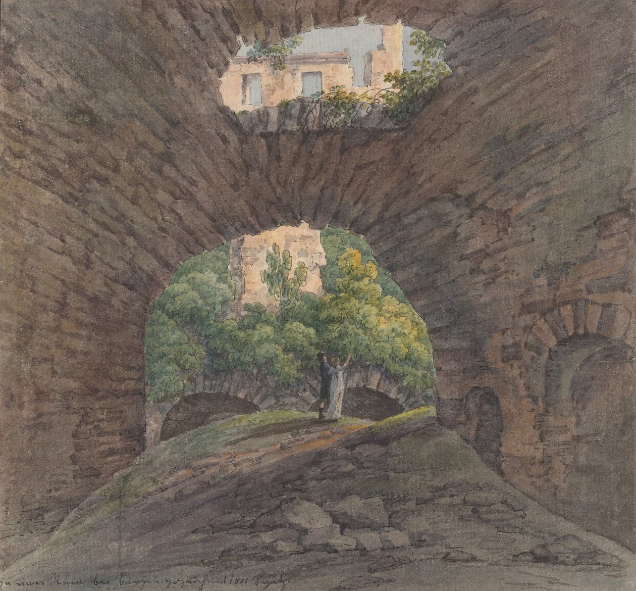 Una pareja joven viendo ruinas cerca de Bingen, 1801 de Christian Georg Schutz