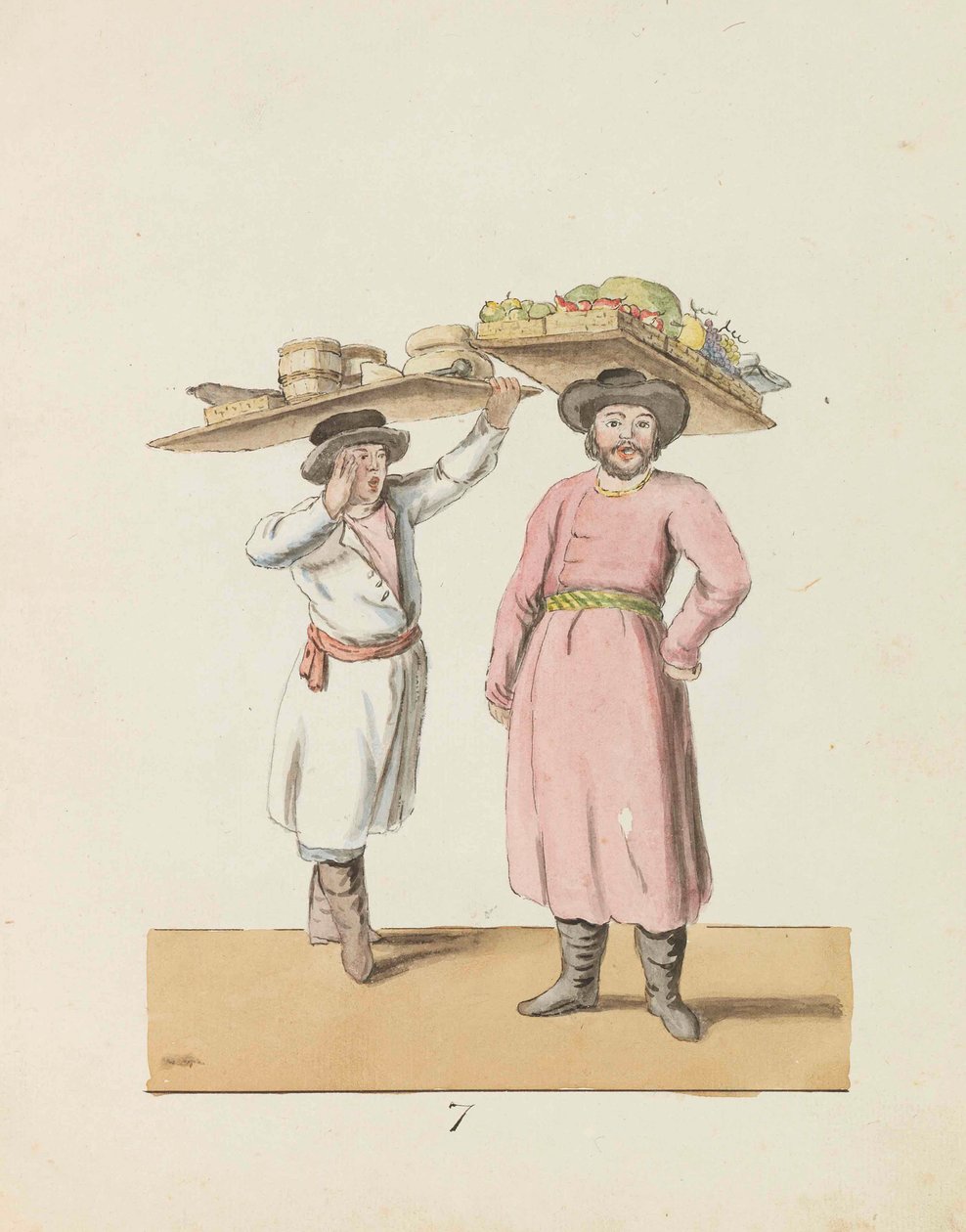 Vendedor de frutas y campesino vendiendo queso y arenque De la serie San Petersburgo..., 1799 de Christian Gottfried Heinrich Geissler