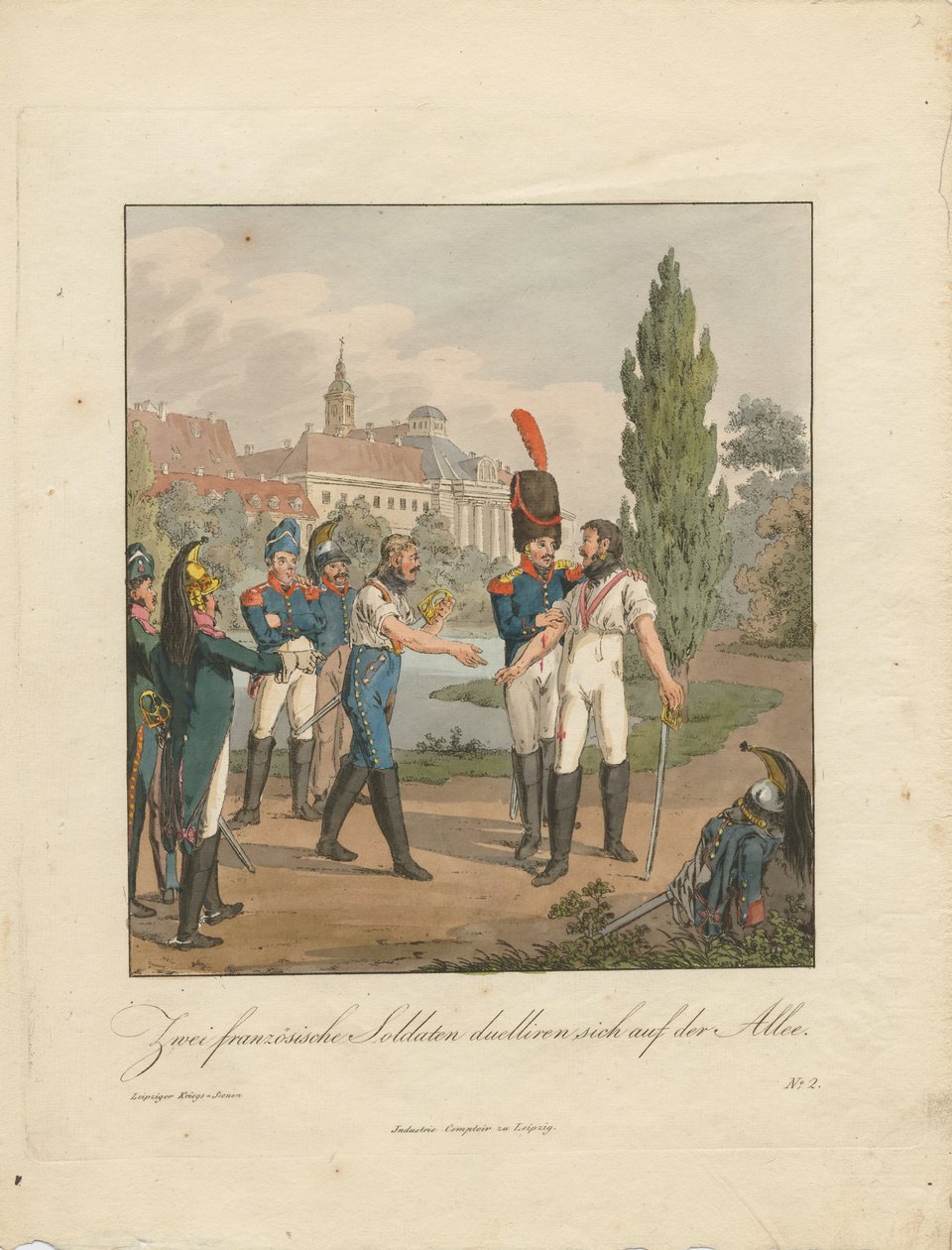 Dos soldados franceses peleando un duelo en una avenida de Christian Gottfried Heinrich Geissler