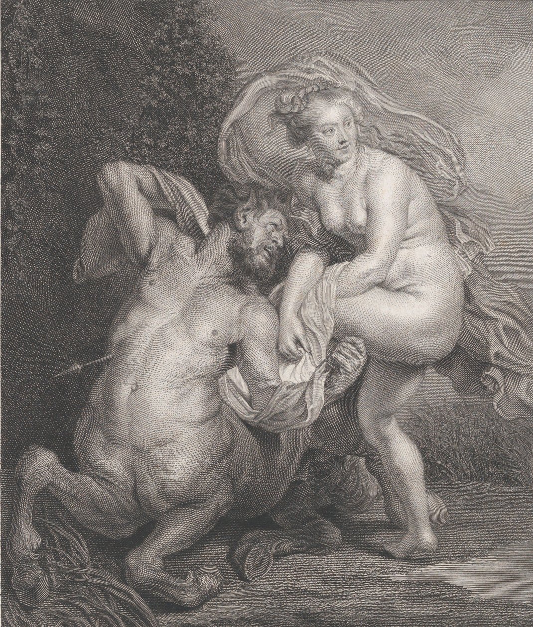 Deianeira recibiendo la túnica envenenada de Neso, y el centauro herido cayendo..., 1778. de Christian Gottfried Schulze