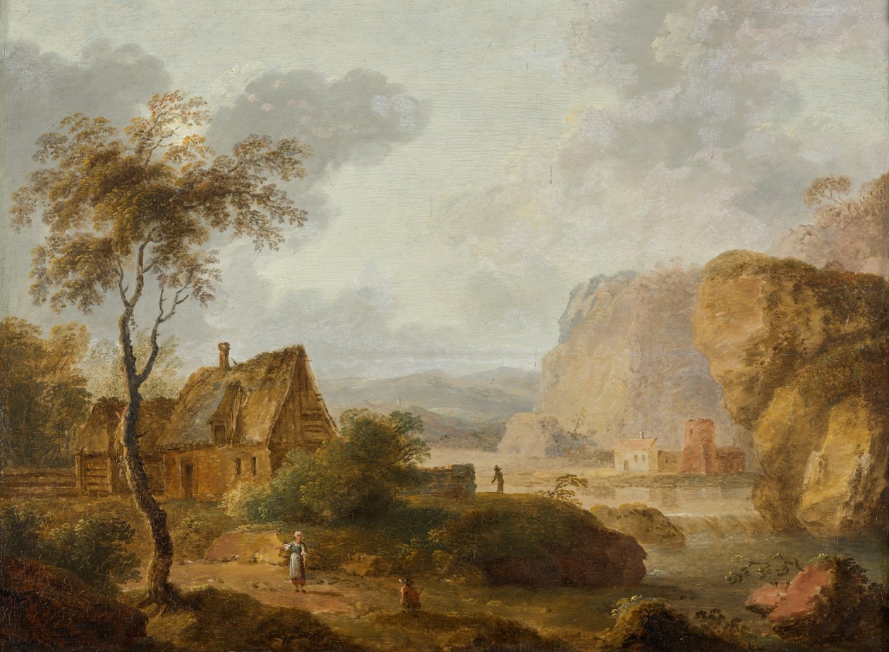 Paisaje de montaña con río y granja de Christian Hilfgott Brand